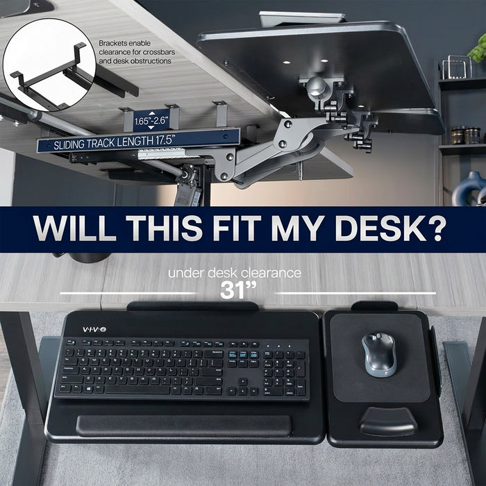 Keyboard Tray with dimensions asking if this will fit my desk.