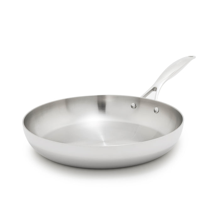 Stainless steel 12-inch frypan with uncoated finish and long handle on a white background.