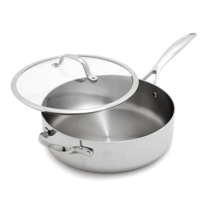 Stainless steel sauté pan with a glass lid, partially open, on a white background. 5-quart capacity.