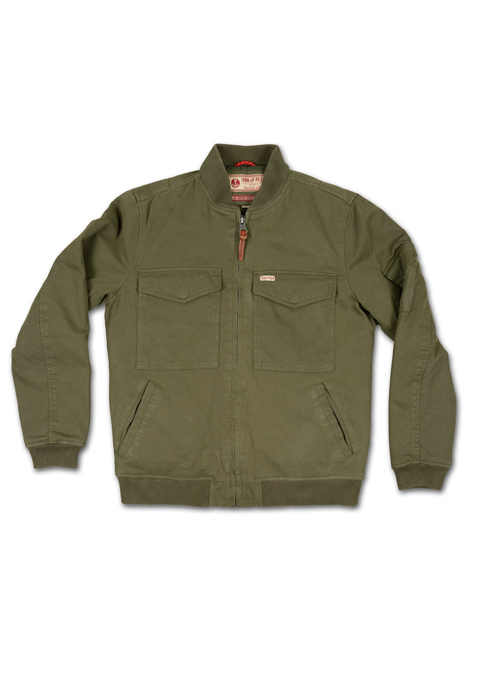 Olive green jacket with a front zipper, two chest pockets, and a collar. The fabric appears durable, suitable for casual wear.