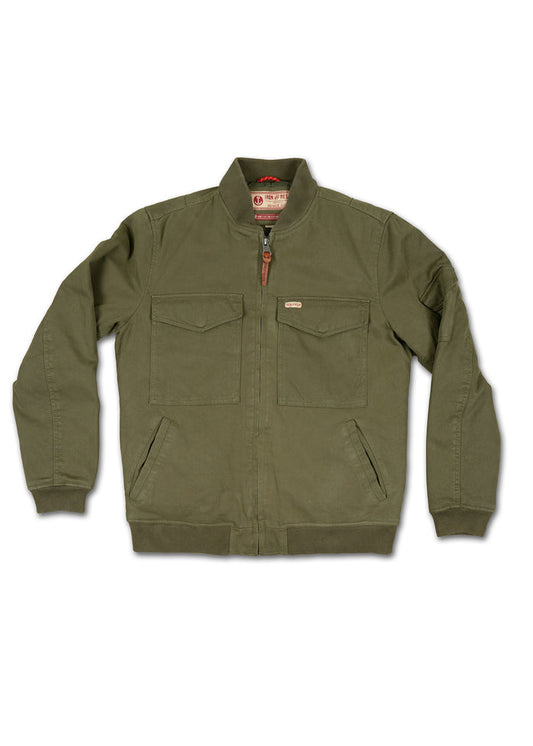 Olive green jacket with a front zipper, two chest pockets, and a collar. The fabric appears durable, suitable for casual wear.