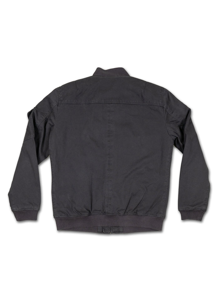 Black jacket back view, featuring a simple design with ribbed cuffs and waistband, set against a plain white background.