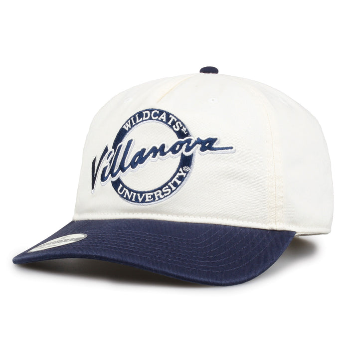 Villanova Original Circle snapback hat showing embroidered front design and curved brim, angled view
