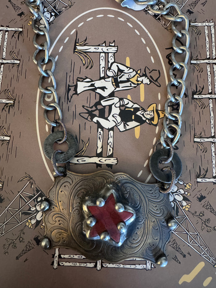 Vintage Brass Buckle with Red Star Cuban Link Necklace