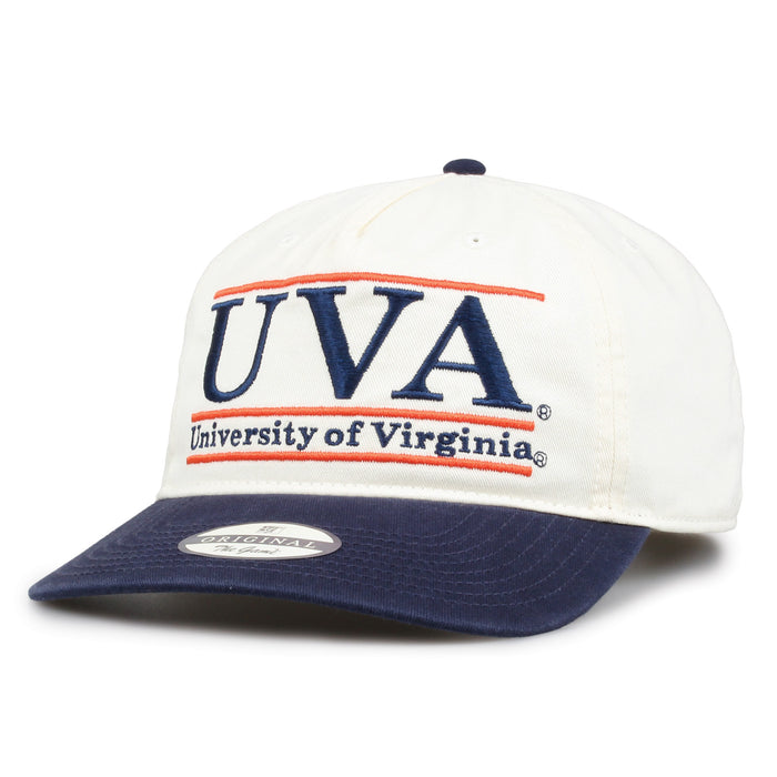 Virginia Original Bar snapback hat showing embroidered front design and curved brim, angled view