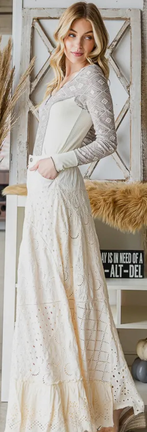 Washed Eyelet Mixed Maxi Skirt