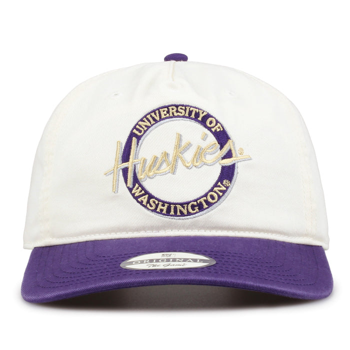 Washington Original Circle snapback hat with embroidered school design, front view