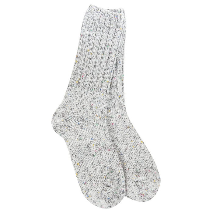 Women's Weekend Ragg Crew Socks in Rocky Confetti featuring a soft light gray marled knit with colorful confetti flecks and a cozy crew-length fit.