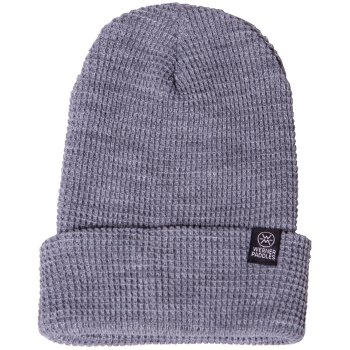 A gray waffle knit beanie with a Werner Paddles logo logo on the cuff.