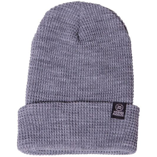 A gray waffle knit beanie with a Werner Paddles logo logo on the cuff.