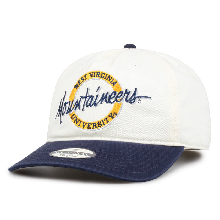 West Virginia Original Circle snapback hat showing embroidered front design and curved brim, angled view