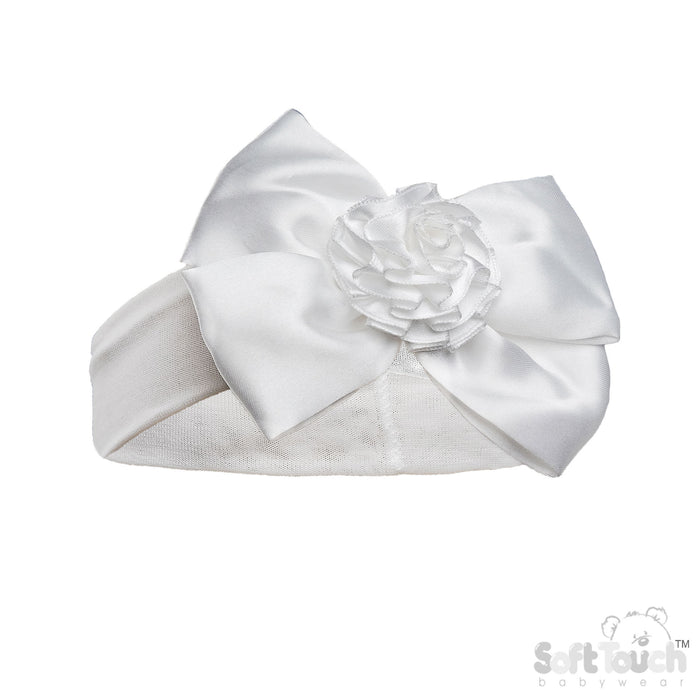WHITE HEADBAND W/BOW & FLOWER (PK 12) HB120-W