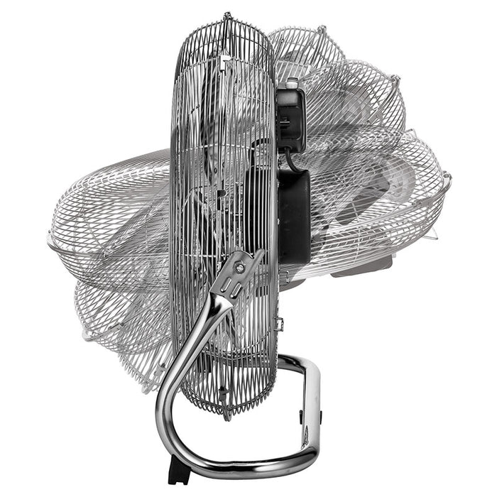 Der Unold WINDMASCHINE SPEED, ein silberner oszillierender Metallventilator, ist in der Seitenansicht mit verblassten Overlays abgebildet, die den einstellbaren Neigungsbereich veranschaulichen. Er verfügt über einen stabilen Rahmen und ein schützendes Drahtgitter.