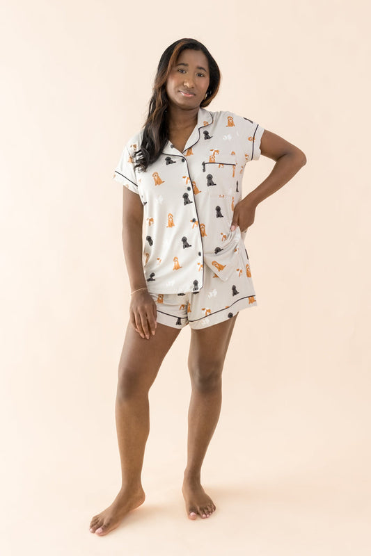 Female modeling the Women's Short Sleeve Pajama Set in Fluffy Dog