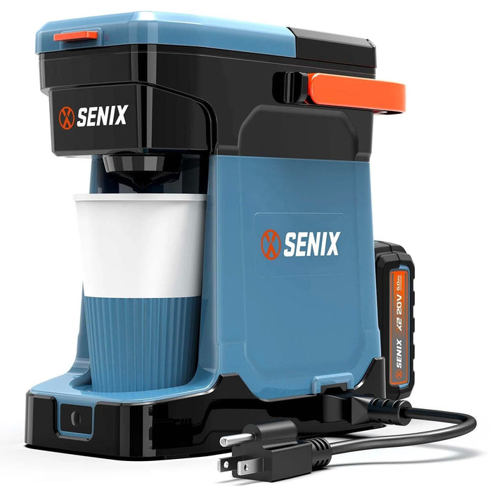 Blue and black SENIX power tool with charging cable on a white background
