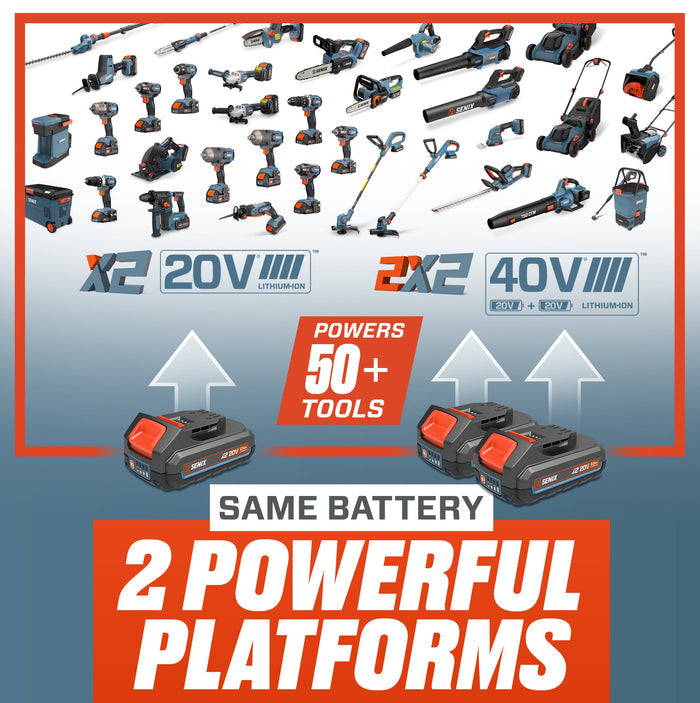 Collection of power tools with X2 20V and 2X2 40V branding on a blue background.