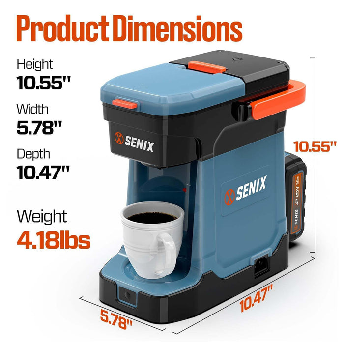 Senix coffee maker with product dimensions displayed
