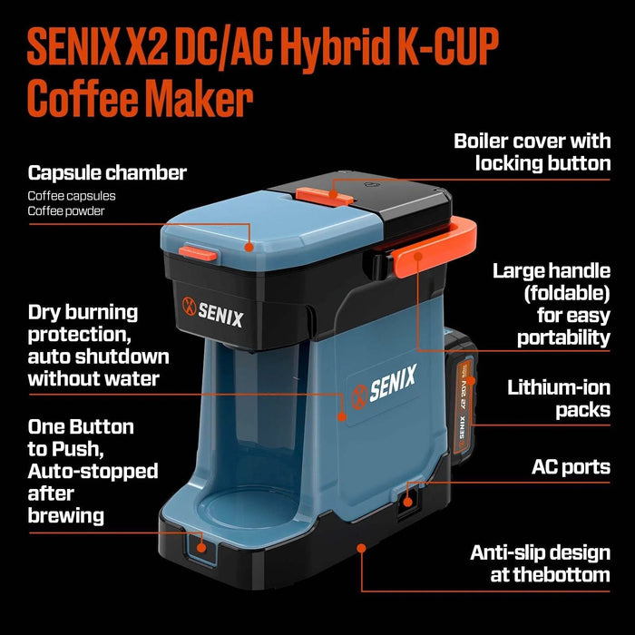 SENIX X2 DC/AC Hybrid K-CUP Coffee Maker with features highlighted on a black background