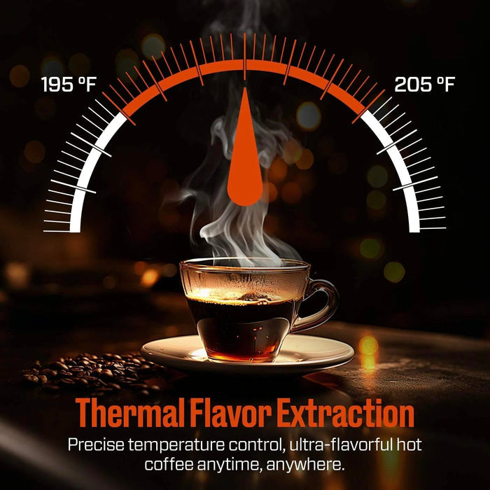 Coffee cup with steam, temperature gauge, and text about thermal flavor extraction on a dark background.
