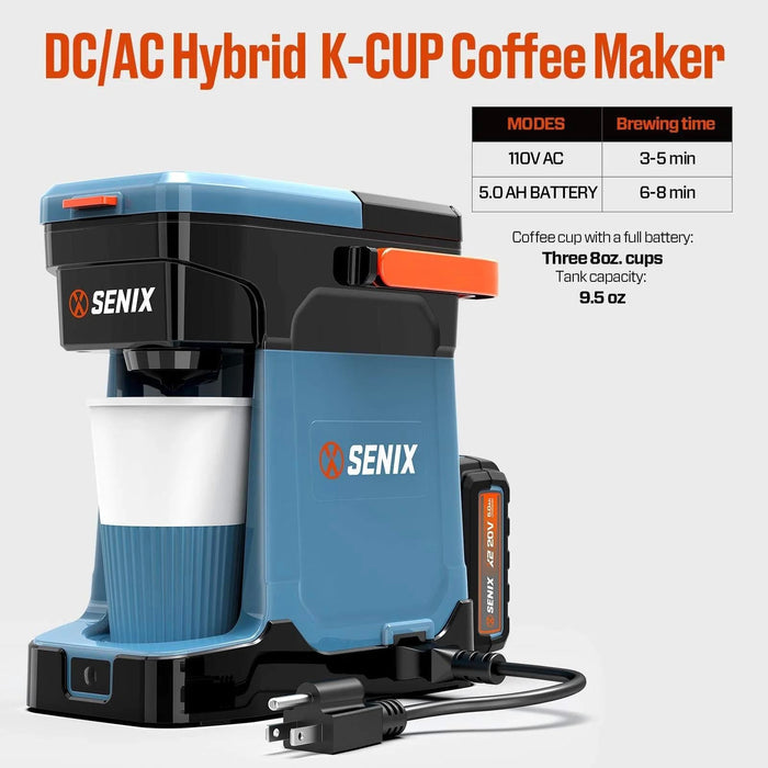 Senix DC/AC Hybrid K-Cup Coffee Maker with battery and AC adapter on a white background