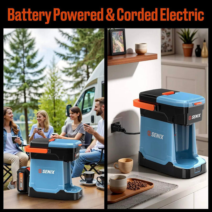 Senix coffee maker shown outdoors and indoors with people using it.
