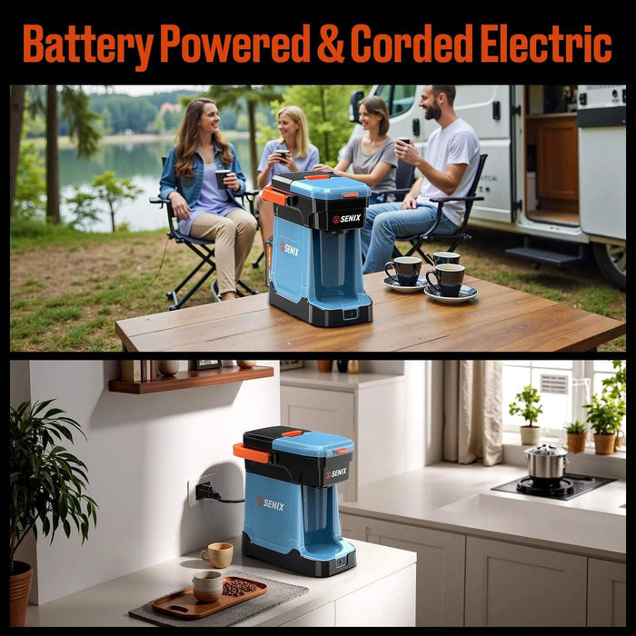 Coffee maker with 'Sencor' branding shown outdoors by a lake and indoors in a kitchen.