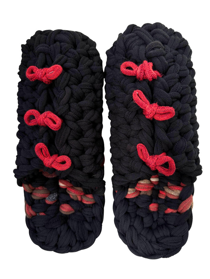 Handmade Japanese knit slippers made from recycled fabric with red accents