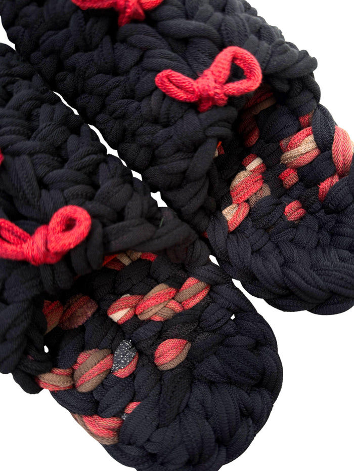 Handmade Japanese knit slippers made from recycled fabric with red accents