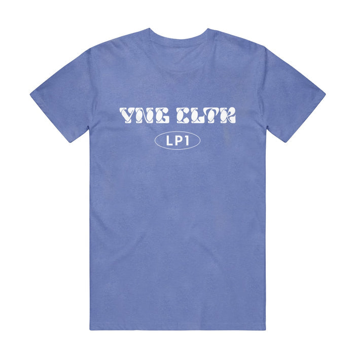 Periwinkle short sleeve shirt with "YNG CLTR" written across the chest in white bubble lettering. Below that is an oval, and inside "LP1" is written.