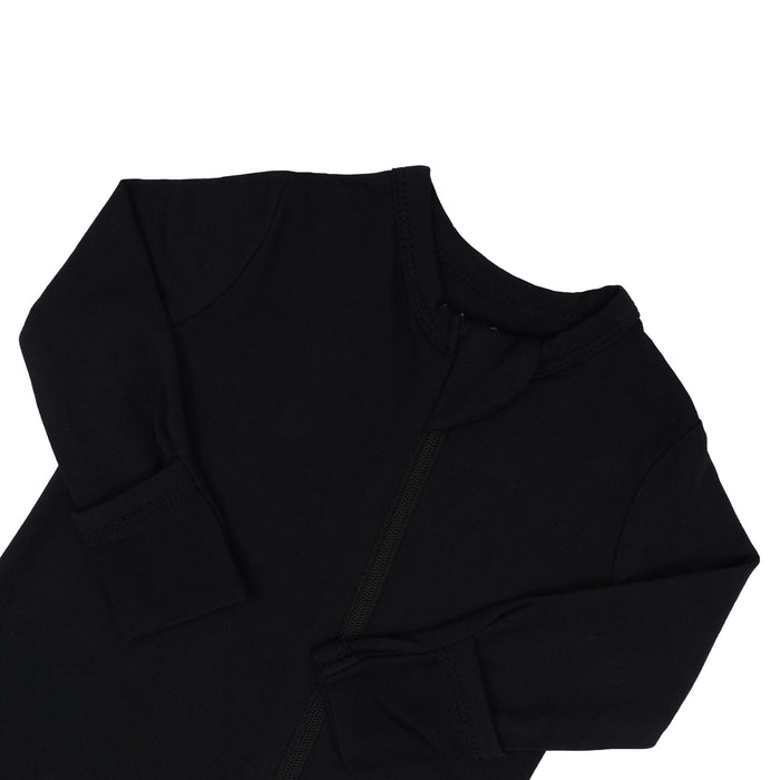 Close up of zipper garage and fold-over cuffs on  Zippered Romper in Midnight