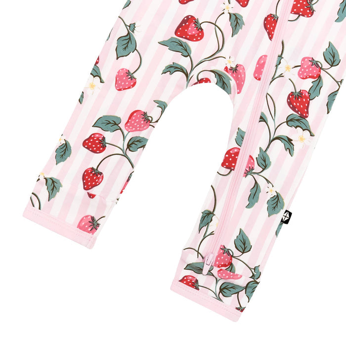 Zipper closure shown on the leg of the Zippered Romper in Strawberry Fields