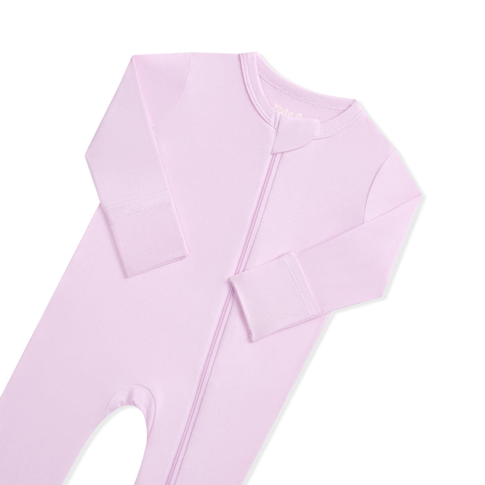 Lavender baby onesie with a zipper on a white background