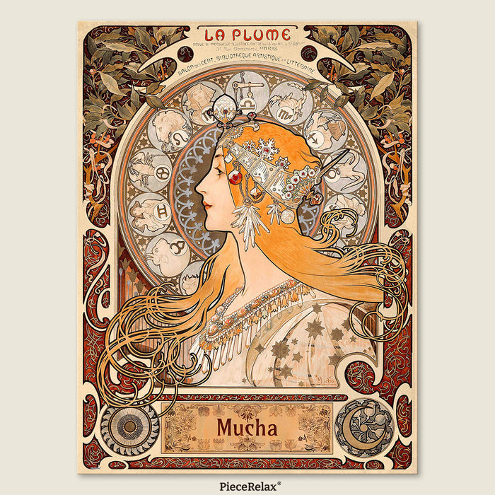Every detail — from the flowing hair and ornate halos to the intricate zodiac wheel — radiates Mucha's signature Art Nouveau style.