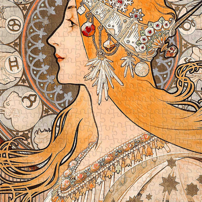 Every detail — from the flowing hair and ornate halos to the intricate zodiac wheel — radiates Mucha's signature Art Nouveau style.