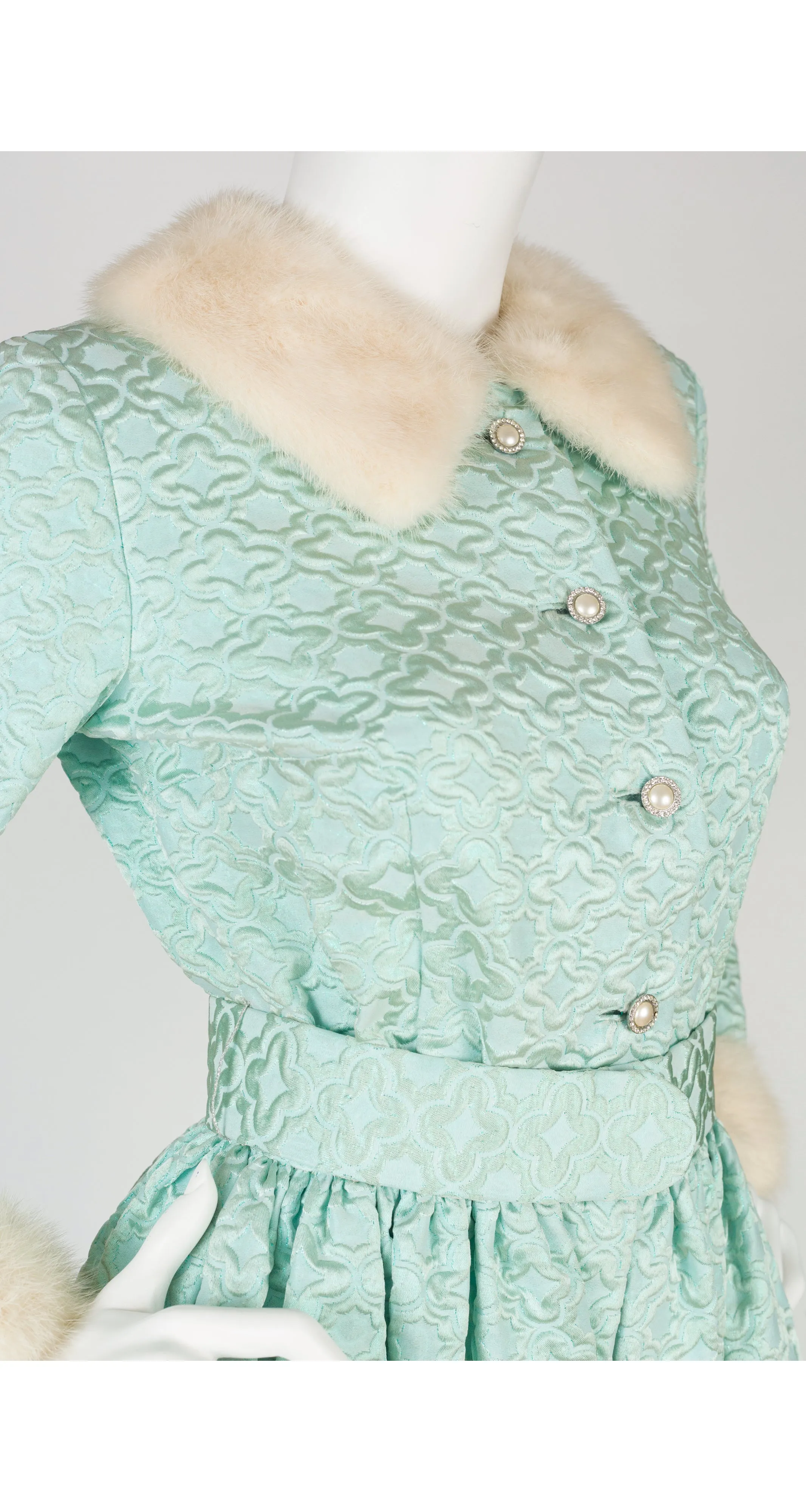 1960s NWT Mink Fur Trim Aqua Brocade Hostess Gown