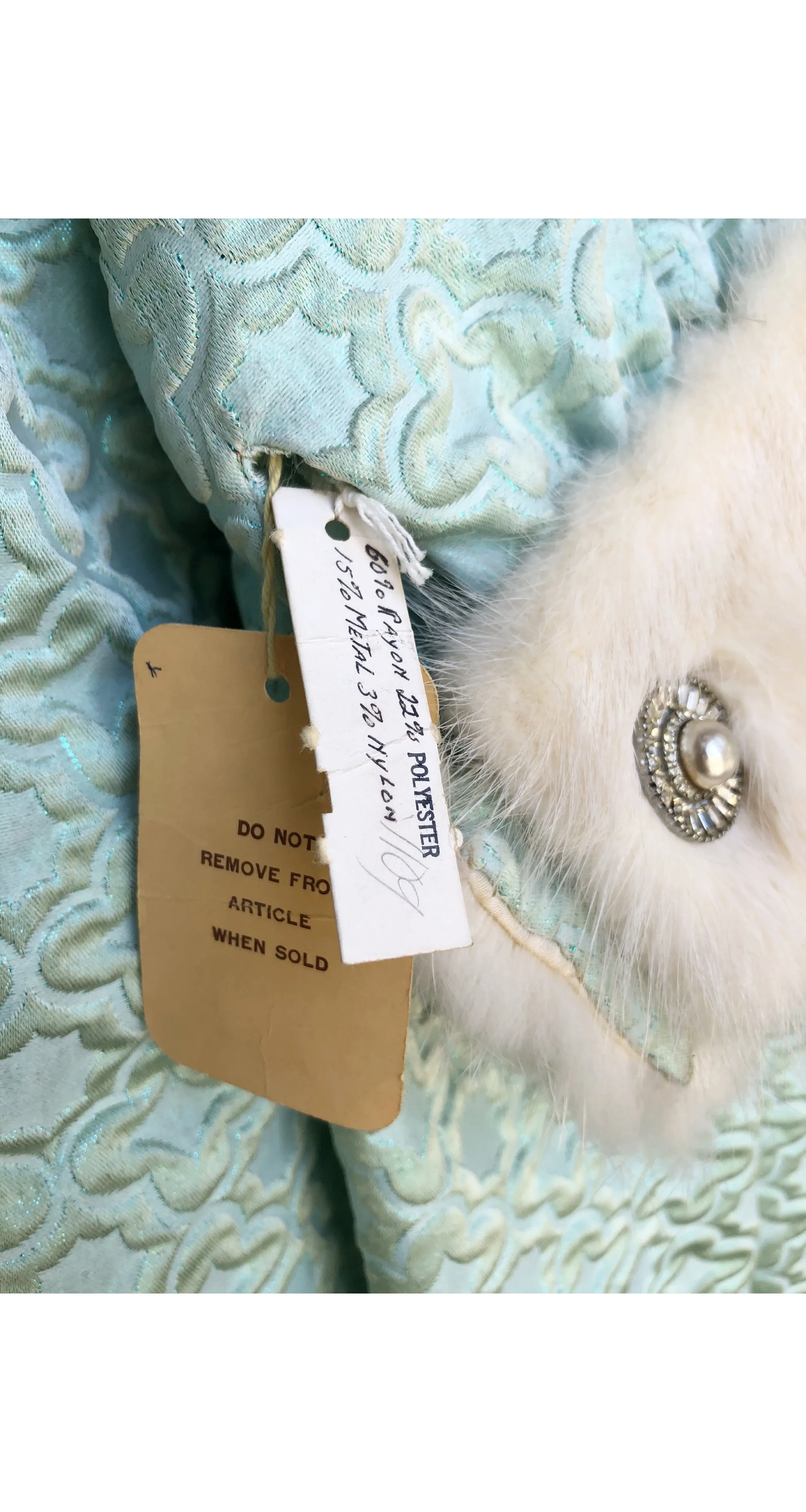 1960s NWT Mink Fur Trim Aqua Brocade Hostess Gown