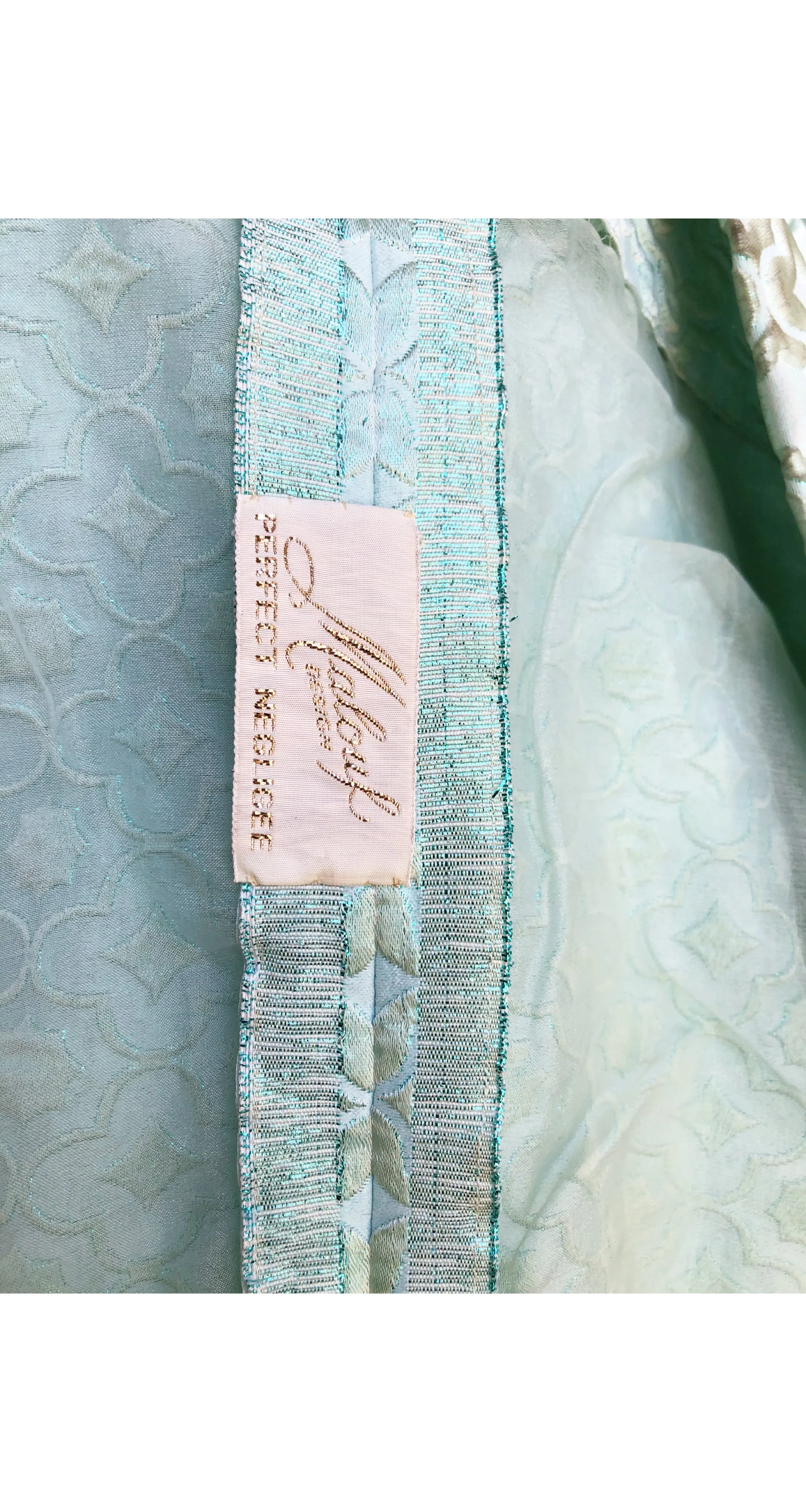 1960s NWT Mink Fur Trim Aqua Brocade Hostess Gown