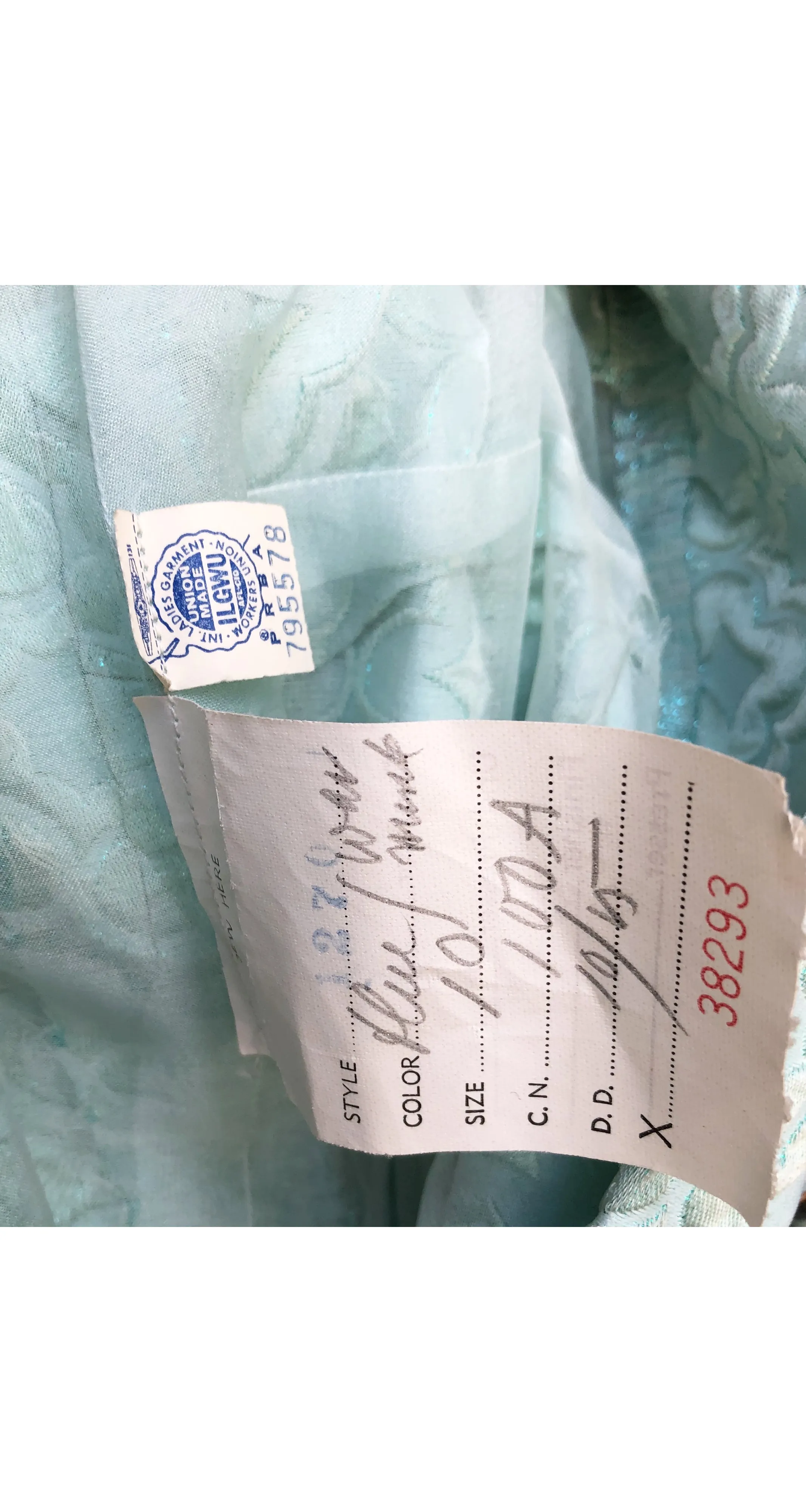 1960s NWT Mink Fur Trim Aqua Brocade Hostess Gown