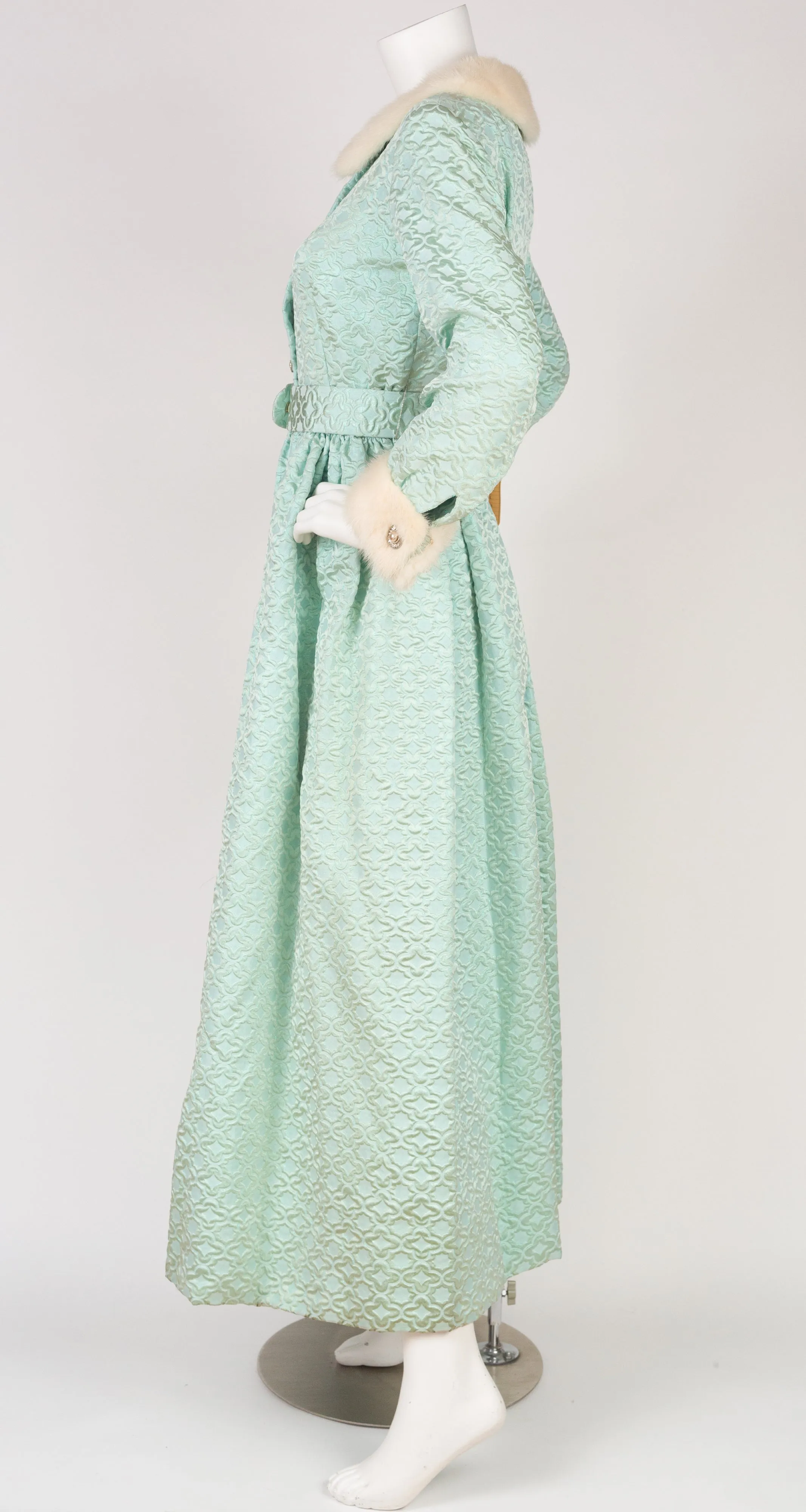 1960s NWT Mink Fur Trim Aqua Brocade Hostess Gown