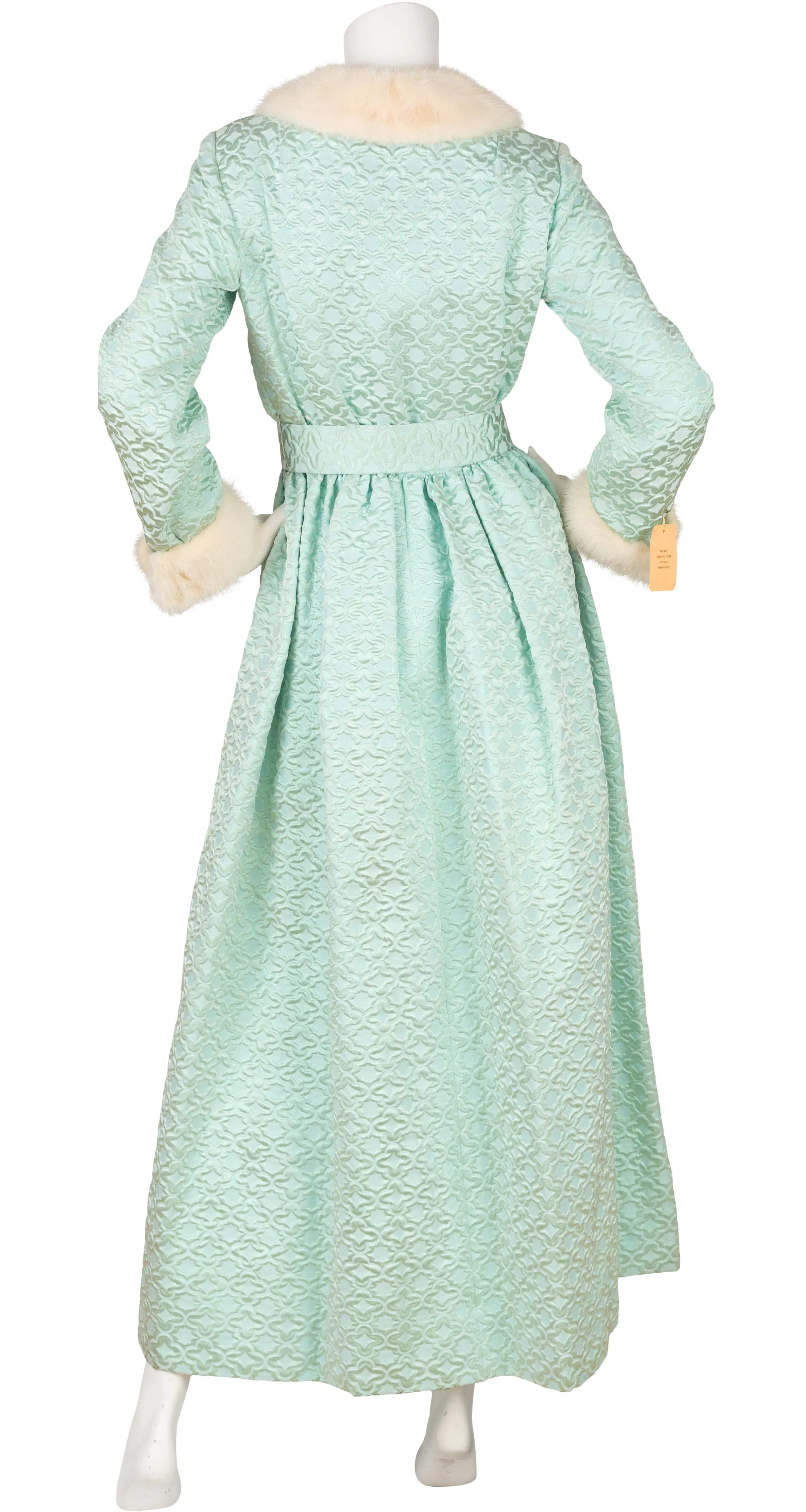 1960s NWT Mink Fur Trim Aqua Brocade Hostess Gown