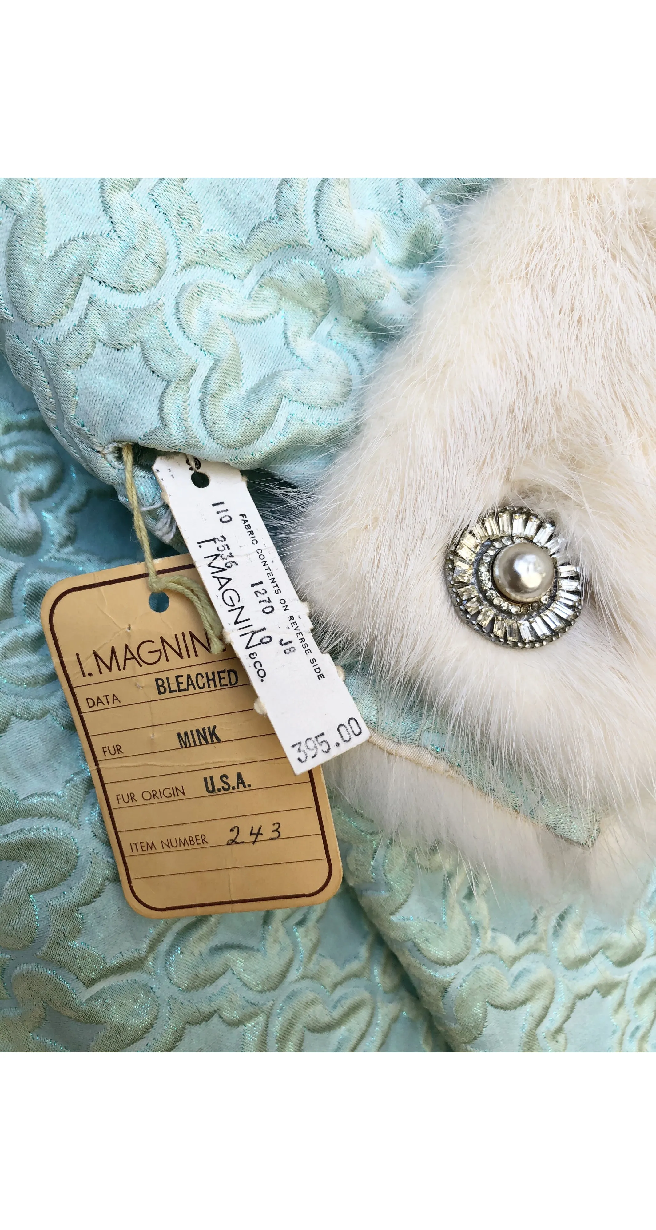 1960s NWT Mink Fur Trim Aqua Brocade Hostess Gown