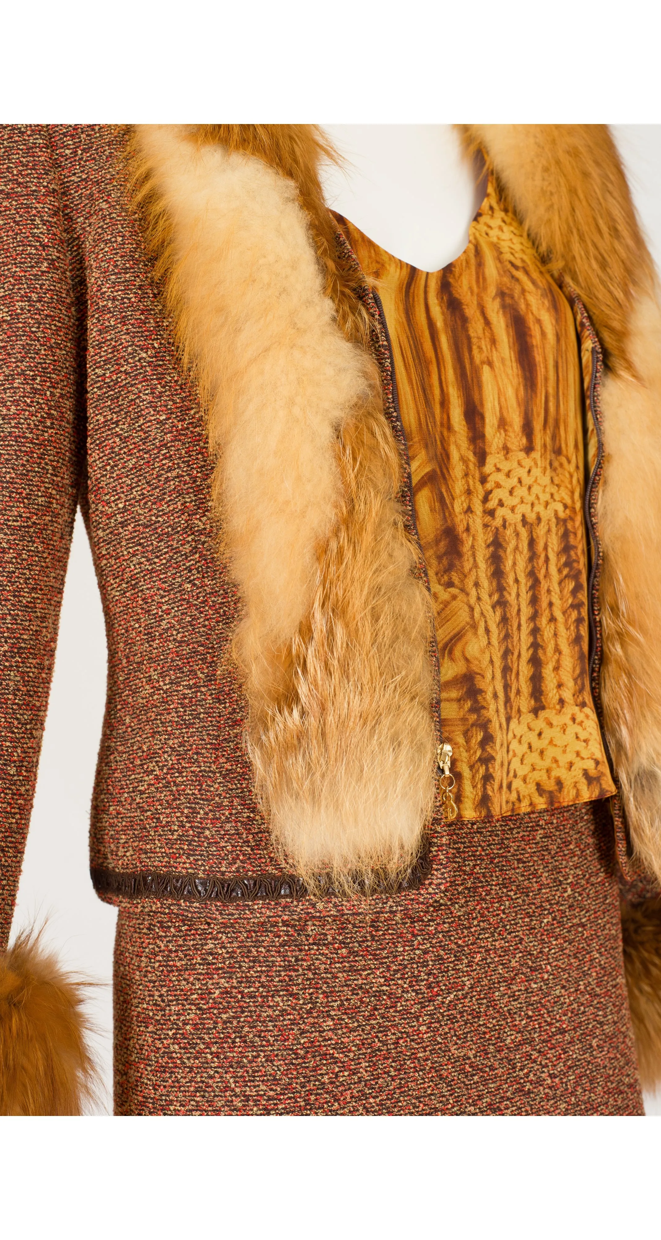 2000s Red Fox Fur Trim Boucle Three-Piece Suit