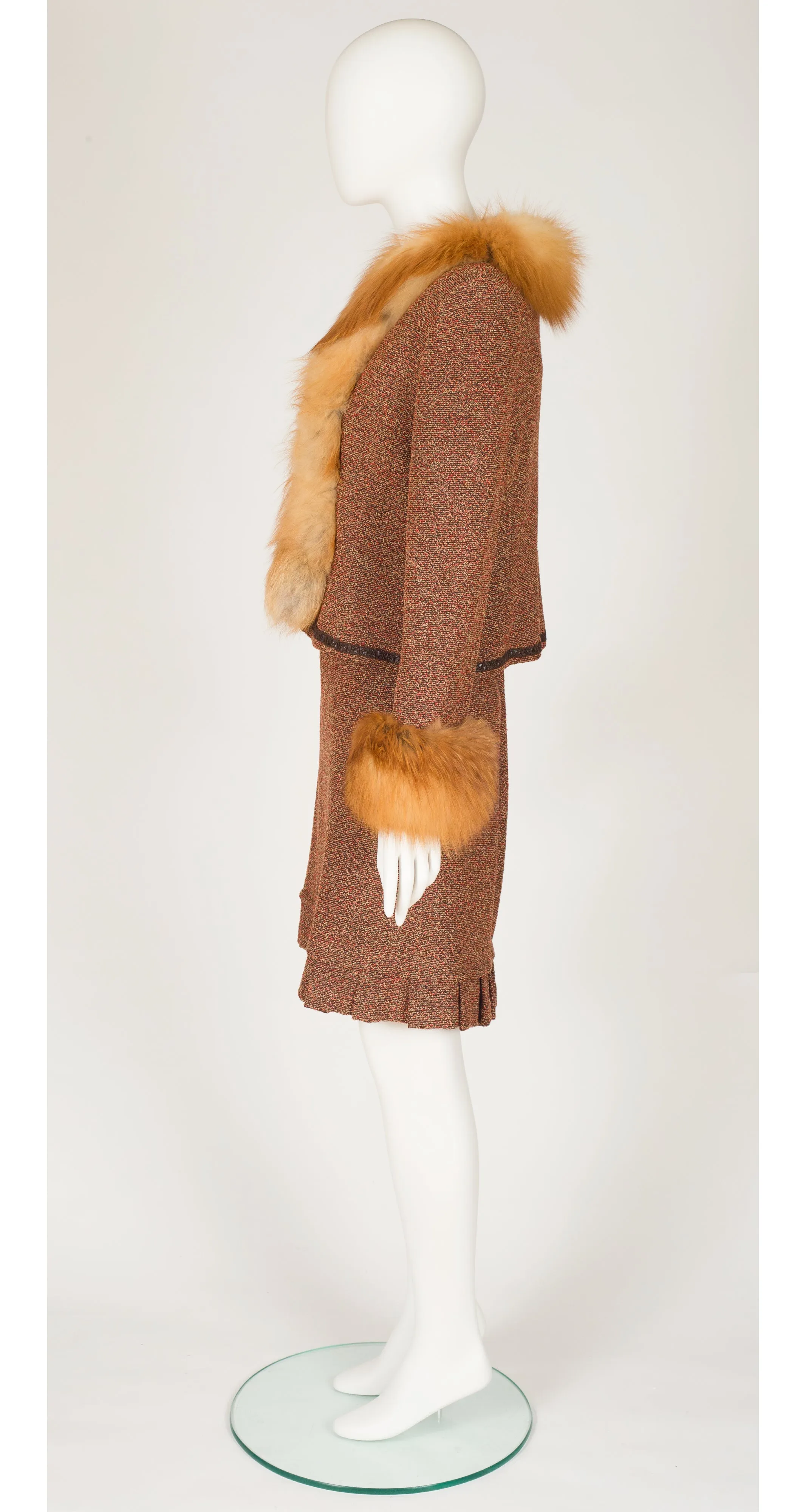 2000s Red Fox Fur Trim Boucle Three-Piece Suit