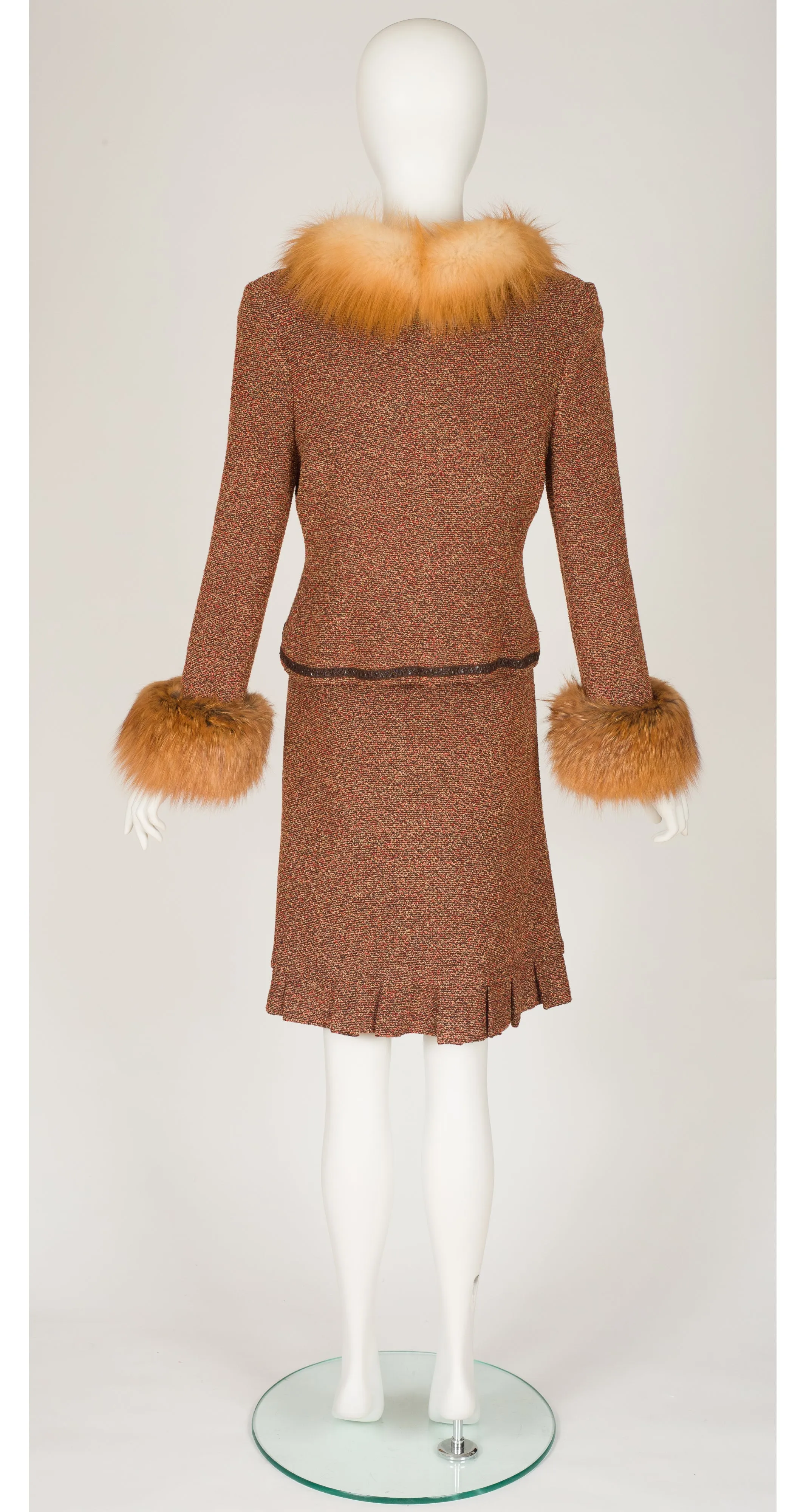 2000s Red Fox Fur Trim Boucle Three-Piece Suit