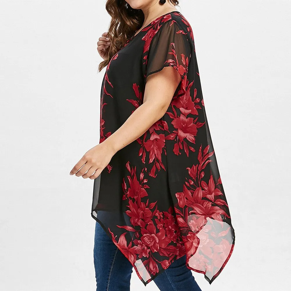 5xl Plus Size Chiffon Tunic Shirt Floral Printed Short Sleeve Tunic