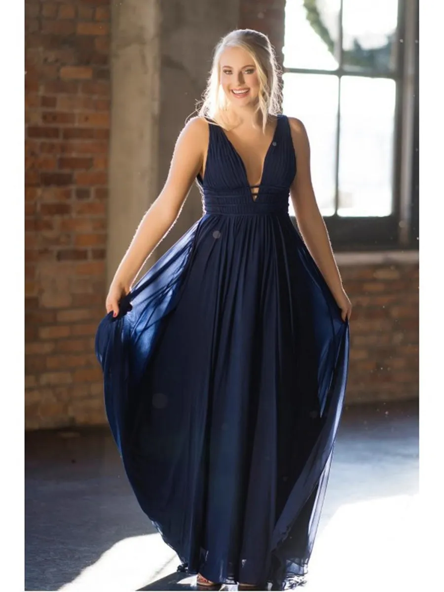 A Line V Neck Backless Pleated Pearl Pink/Navy Blue Chiffon Long Prom, Pink/Navy Blue Formal Graduation Evening