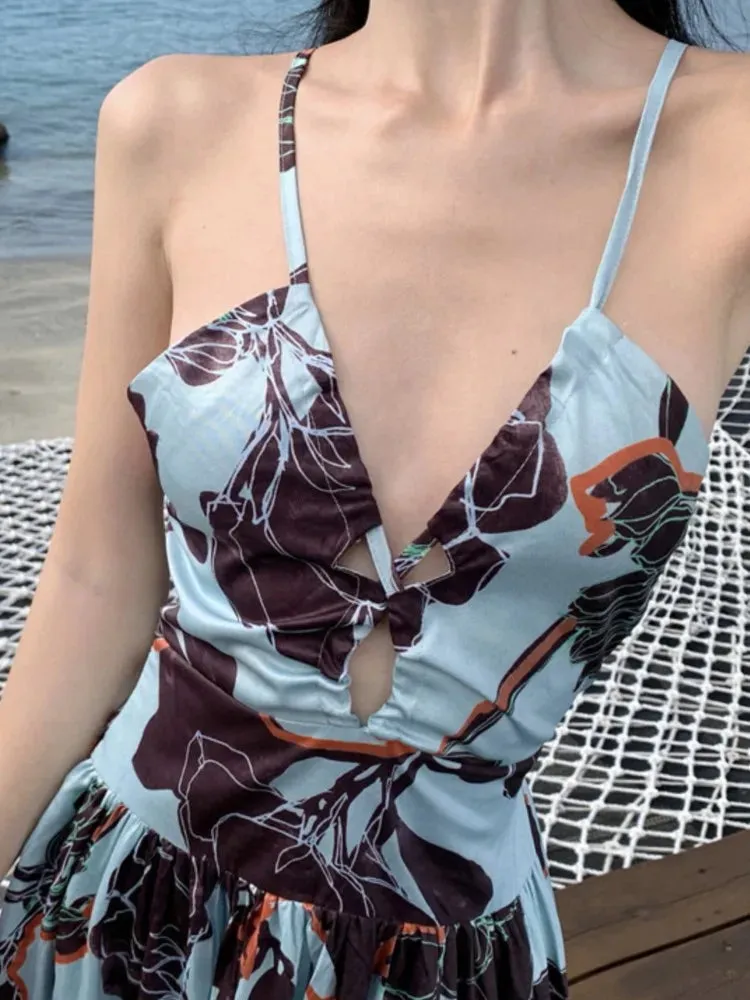 Aiertu Spaghetti Strap Elegant Women Summer Dress Sleeveless Casual A-Line Print Midi Beach Holiday Dresses Female Vestidos Long Robe
