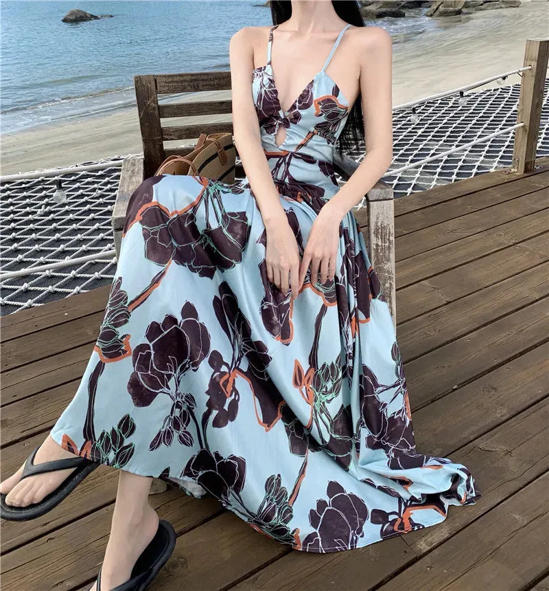 Aiertu Spaghetti Strap Elegant Women Summer Dress Sleeveless Casual A-Line Print Midi Beach Holiday Dresses Female Vestidos Long Robe