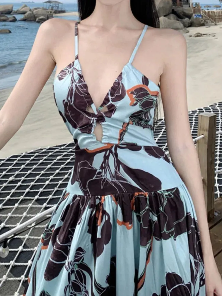 Aiertu Spaghetti Strap Elegant Women Summer Dress Sleeveless Casual A-Line Print Midi Beach Holiday Dresses Female Vestidos Long Robe
