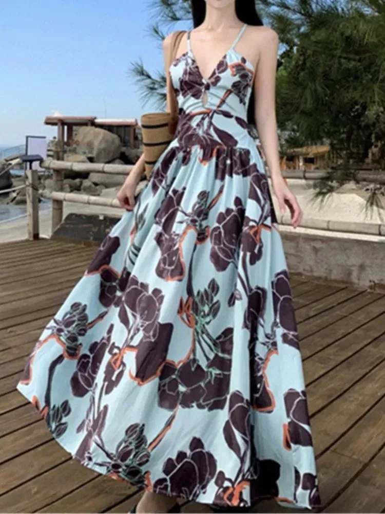 Aiertu Spaghetti Strap Elegant Women Summer Dress Sleeveless Casual A-Line Print Midi Beach Holiday Dresses Female Vestidos Long Robe